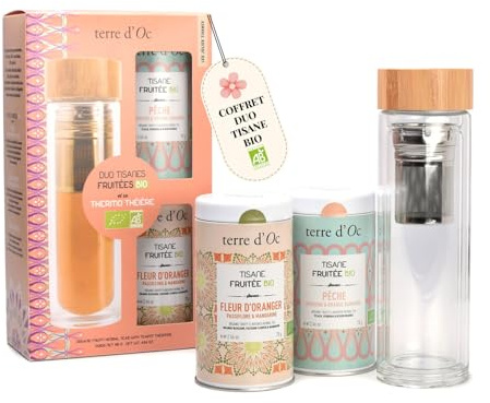 Terre d'Oc - Coffret 2 Tisanes Fruitées Bio + Gourde - Glacée ou Chaude | Sans Théine - Pêche Verveine & Fleur d'Oranger Passiflore - Alternative aux Sodas - Idée Cadeau