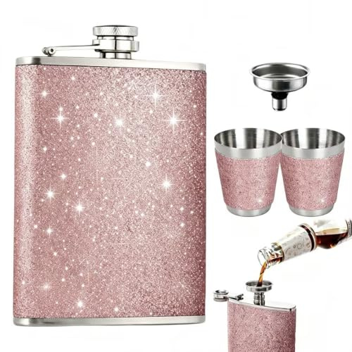 Saituo Home Petacas de Alcohol Portátil Rosa, 8oz Glitter Petaca Cuero PU | con 1 Embudo Acero Inoxidable 2 Copas Vino, Set Petaca Mujer Pequeña Todo Tipo para Bodas al Aire Libre Camping Excursiones