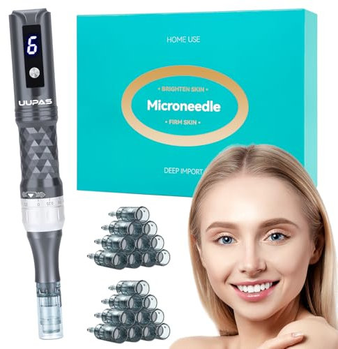 Microneedling Visage - UUPAS Stylo de Micro Needling électrique professionnel Ajustable à 6 Niveaux avec 20 Cartouches - Rechargeable Kit pour le Visage, le corps et la Croissance des Cheveux (Gris)