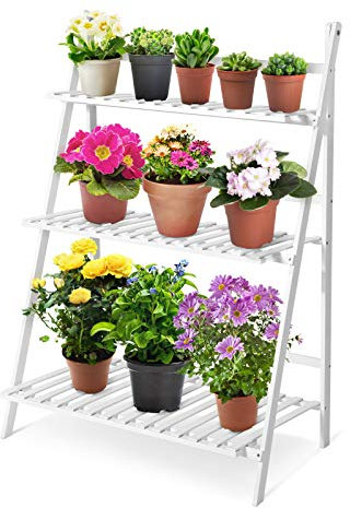 Folding Display Shelf for Craft, 3 Layer Wooden Plant Flower Pots Bamboo Rack for Outdoor Balcony or Indoor Living Room, Simple Design Garden Plant Ladder and Garden Shelf for Plant Display White