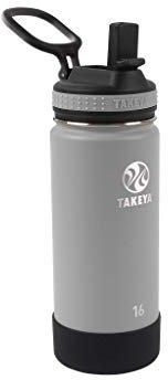 Takeya Actives Kids Insulated Stainless Steel Kids Water Bottle with Straw Lid, 16 Ounce, Platinum/Onyx