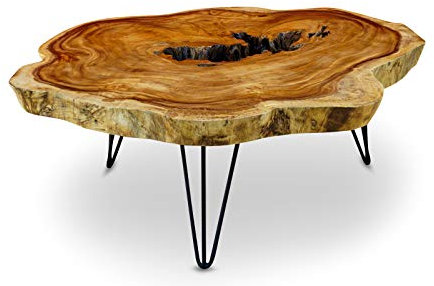 Kinaree Couchtisch LAEM PHO V - ca 140x155cm Wohnzimmertisch mit Baumscheibe als Tischplatte aus massiver Akazie mit Baumkante in rustikaler Optik