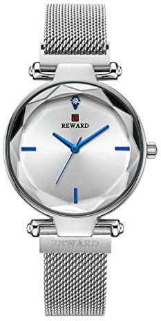 Reward Japanische Quarz-Damen-Armbanduhr mit multilateraler Glasoberfläche, einfach und elegant, modisches Geschenk für Mädchen, wasserdicht, Edelstahl (Silber)