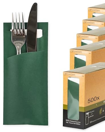 PG PrimeGuest SUPPLY Bestecktasche Prime Fit 85x190mm, mit Serviette, 2-lagig Tissue in Weiß, Bestecktaschen ideal für Gastronomie und Feiern 500 Stück (Dunkelgrün)