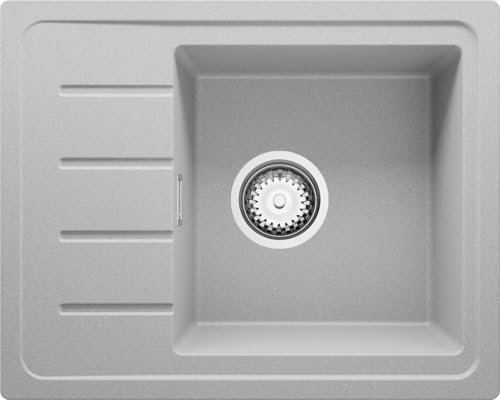 PRIMAGRAN Evier Cuisine en Granit Gris 55x44cm, Lavabo 1 bac + Kit de Vidage, Évier à Encastrer au meuble 45cm - Copenhague Easy