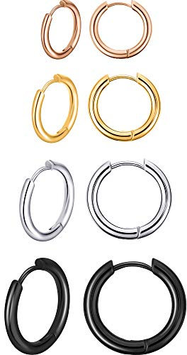 4 Paare Edelstahl Creolen Ohrringe Kleine Knorpel Hoop Ohrringe Nase Lippen Ringe für Männer und Damen (8 mm, 10 mm, 12 mm, 14 mm, Rose Gold, Gold, Stahl Farbe, Schwarz)