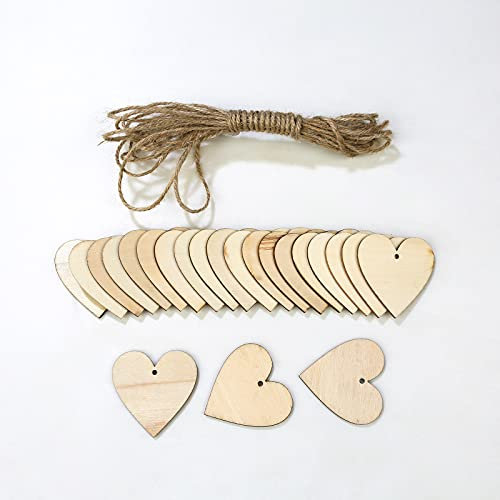 Guzon 100 Stück 5,1 cm natürliche Herz-Holzscheiben, DIY-Holzornamente, unlackierte, vorgebohrte Holzherzverzierungen mit natürlicher Schnur für Valentinstag, Hochzeit, Erntedankfest, Weihnachten