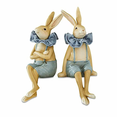 Loberon Hase 2er Set Shanece, handbemalte und -geformte Figuren, romantischer Vintage-Look, Kantenhocker, Osterhasen, Ostern, Osterfiguren, Polyresin, braun/blau