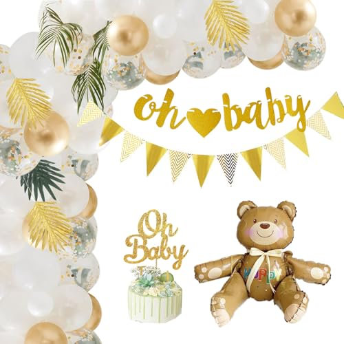 Babyparty Deko Oh Baby Banner Gold Kuchendeko Bär Folienballon Weiß Ballon Girlande Baby Shower Dekoration Neutral Baby Party Deko Junge Mädchen
