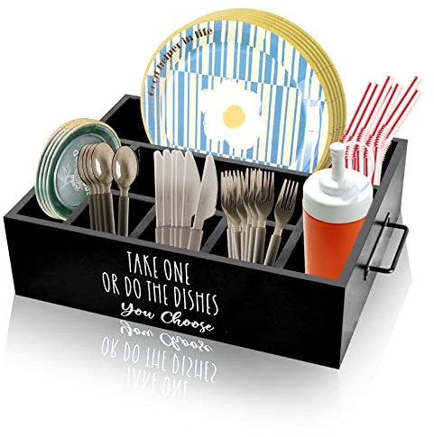 Paper Plate Holder, Plastic Silverware Caddy, Plastic Utensil Dispenser for Party Buffet Camping BBQ, Disposable Spoon Fork Knives Dish Cup Napkin Storage Organizer for Kitchen Counter (Black)