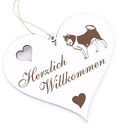 Herzlich Willkommen Schild - Siberian Husky - Deko Herz Holz Willkommensschild Türschild Dekoschild Türdeko