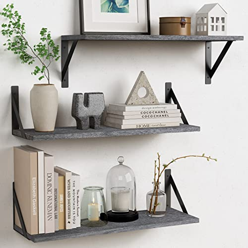 Forbena Gray Floating Shelves Wall Mounted Bookshelf Set of 3, 24 Inches Long 8 Inch Deep Wall Shelves for Bedroom, Bathroom, Living Room, Laundry Room, Kitchen, Office, Closet (Rustic Grey)