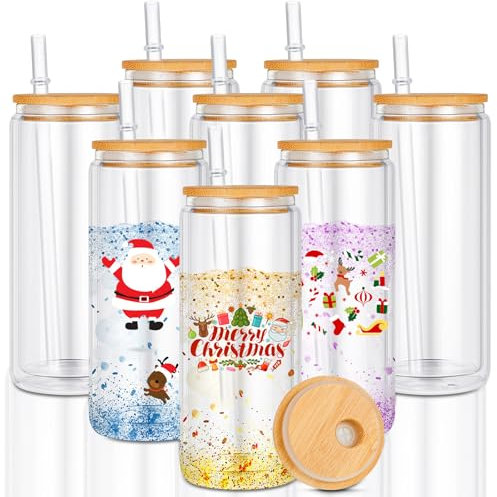 Tessco Weihnachts-Schneekugel-Becher, doppelwandig, mit Bambusdeckel und Strohhalm, vorgebohrt, Bierglas, Sublimationsglas, Rohlinge, 8 Stück