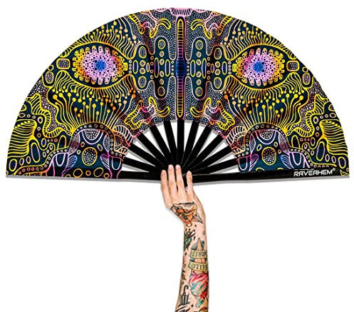 Raveahem UV Glow Rave Fan, Bamboo Folding Clack Hand Fans Foldable for Men Women, Boots on the Ground Poping Fan for EDM Festival Line Dance Decoration, (Space Psychedelic, Large 13)