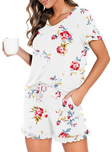 PrinStory Damen-Pyjama-Set, Lounge-Set, kurzärmelig, Nachtwäsche, weiche Pyjama-Shorts mit Taschen, Rosenweiß, XL