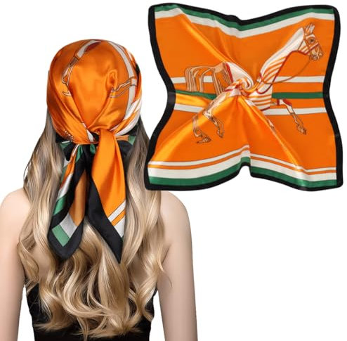 EXTREE Damen Seidiges Satin-Kopftuch SCHAL, Armeegrün Pferd, Orange, Schwarz und Weiß, x 26.7’’ (6868cm)