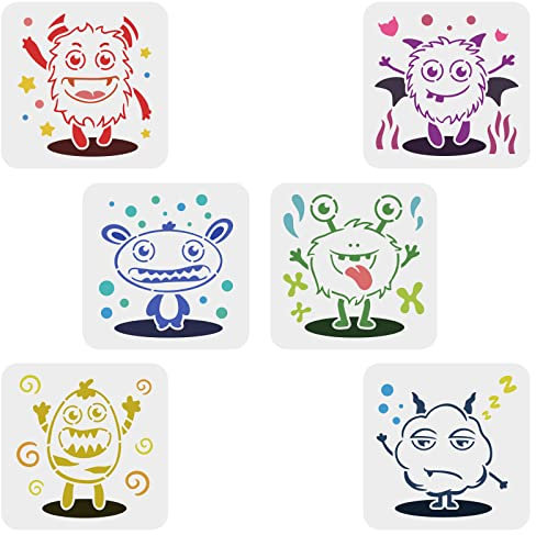 FINGERINSPIRE 6 Stück Niedliche Monster Schablone 15x15cm Wiederverwendbare Cartoon Monster Zeichnung Schablone Haarball Puppe Monster Malerei Schablone für Wand Holz Möbel Stoff und Papier