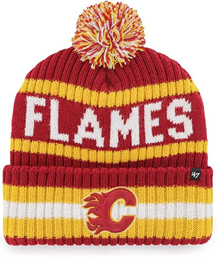 47 NHL Mütze für Erwachsene, Team-Farbe, offizielles Lizenzprodukt, Bering, Sport, Strickmütze mit Bommel, für kaltes Wetter, Calgary Flames Red, Einheitsgr��e