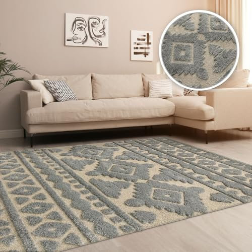 TT Home Wohnzimmer Teppich Hochflor Langflor Schlafzimmer Boho Design 3D Design Skandi Design Modern Unifarben, Farbe:Hellbeige Grau, Größe:230x330 cm