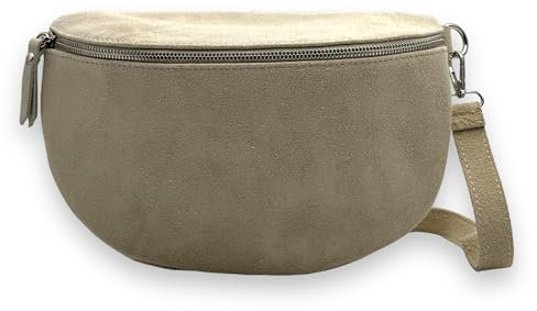 Wildleder Bauchtasche Damen XL Crossbody Bag Velours Gürteltasche Hüfttasche Bodybag Schultertasche Silberner Reißverschluss (Beige)