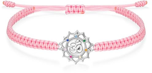 J.Endéar Om Lotusblume Armband Damen Mädchen Silber 925 Yoga Meditation Schmuck Zirkonia 7 Chakra Armband, Rosa Kordel Armband