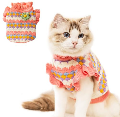 Anelekor Small Dog Sweater, Knitted Tulip Cat Sweater, Warm Thick Holiday Puppy Clothes for Small Dog Girl,Cold Weather Outfit for Kitten Chihuahua Yorkie Teacup Dachshund Pug (Pink, Small)