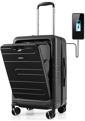 COSTWAY 20 Carry on Suitcase with USB Charging Port, Laptop Compartment, TSA Lock and 4 Spinner Wheels, PC Hardshell Suitcase Cabin Luggage, Lightweight Trolley Luggage Travel Case (Black)