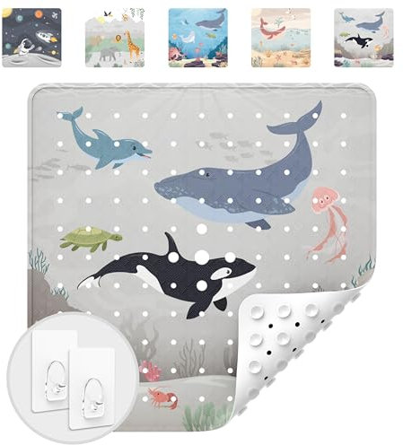 avakido® Tapis de Douche antidérapant pour Enfants 53x53 cm - avec 2 Crochets pour Le séchage - sans BPA, Lavable en Machine, résistant à la moisissure