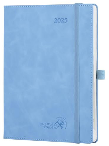 POPRUN Kalender 2025 Buchkalender Softcover mit PU-Leder, ca. A5 (22 x 16,5 cm) - Terminplaner, Wochenplaner Notizbuch (Jan.2025-Dez.2025) mit 100 GSM Papier - Cyanblau
