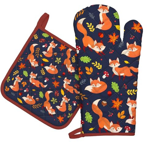 Arquiel Ofenhandschuh und Topflappen 2er Set, 100% Baumwolle Kochhandschuhe, Hitzebeständiger Küchenhandschuh Zum Kochen Backen Grillen Geschenk,Herbstfuchs