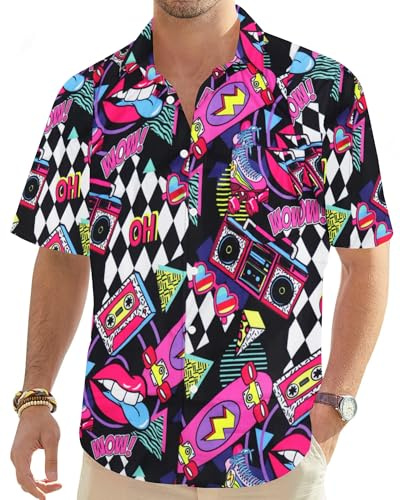 hohololo 80er Jahre Vintage Hemd für Herren 70er Jahre Disco Hemd Party Kostüm Herren Retro Klassisches Hawaii Hemd