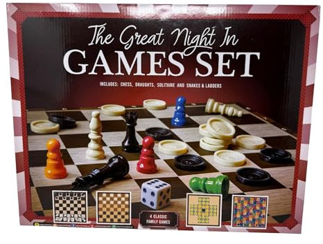 Classic Games Compendium | Collection of Classic Family Board Games Classic Family Game Set 4 In 1 Board Games: Chess, Draughts, Solitaire, and Snakes & Ladders – Fun for All Ages HTUK