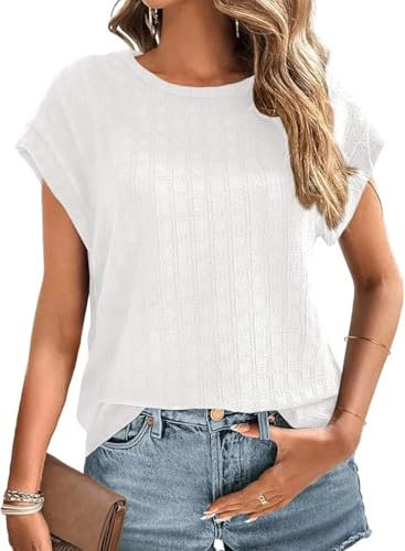 Cuptacc Oberteile Damen Sommer Tshirt Mit Kappenärmel Einfarbig Bluse Top Basic Weiß, XL 46-48