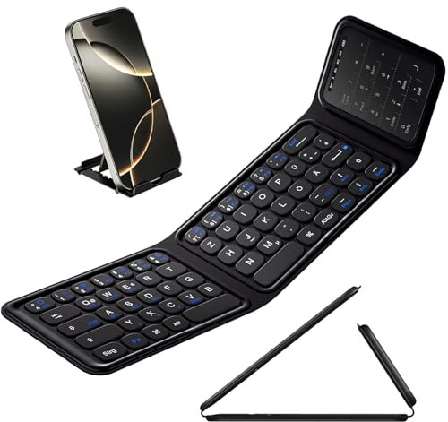 Vobafe Faltbare Bluetooth-Tastatur mit Touchpad - kabellose Wiederaufladbare Mini Tastatur mit Ziffernblock, 3 Kanäle für iOS Android Windows Smartphone Tablet Laptop PC - QWERTZ-Layout, Schwarz