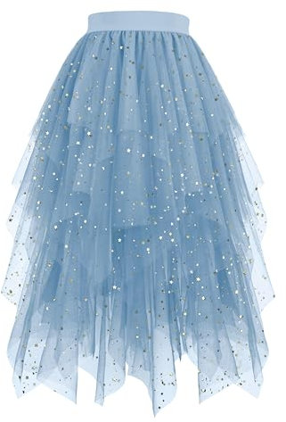 Hanpceirs Damen Tüll Röcke High Low Layered Puffy Fee Röcke A-Linie Midi Rock Unregelmäßiger Tutu Rock Blau Pailletten L