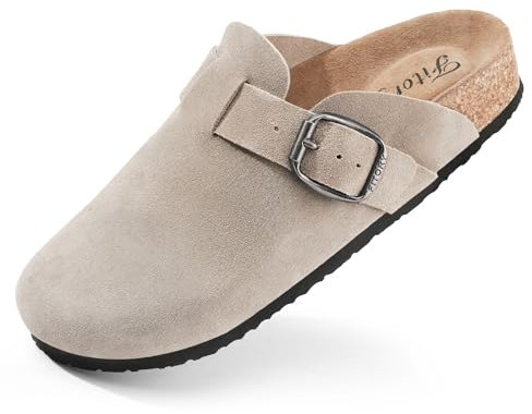 FITORY Sabots Femme en Daim Souple Nu-Pieds Ajustables avec Semelle en Liège Anatomique Mule Taupe Taille 40
