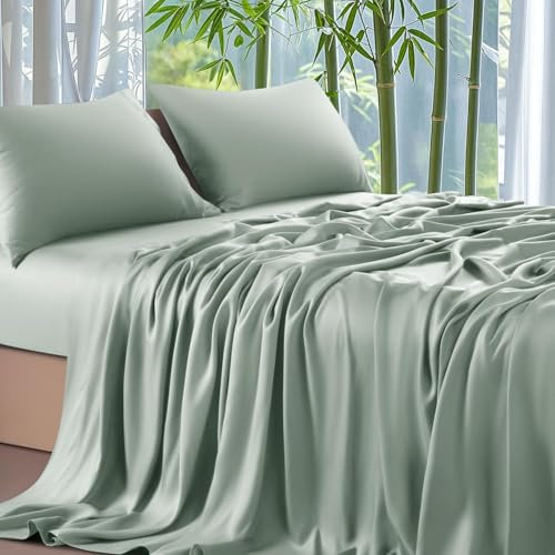 Gezu Bambus Spannbettlaken 160x200 cm Grün Salbeigrün Antibakteriell Weich Spannbetttücher Kühlende Bambus Boxspringbett Bettlaken Leintuch Spannbetttuch 160x200 für Hohe Matratze bis 15-30 cm