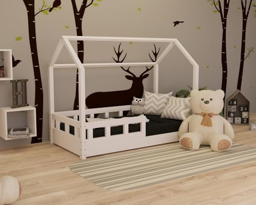 Holzti - Hausbett 200x180cm, Weiß - Kinderbett aus Holz, mit Lattenrost und abnehmbarem Rausfallschutz - Bodenbett bis 180 kg Belastbar, aus Kiefernholz - für Mädchen, Junge