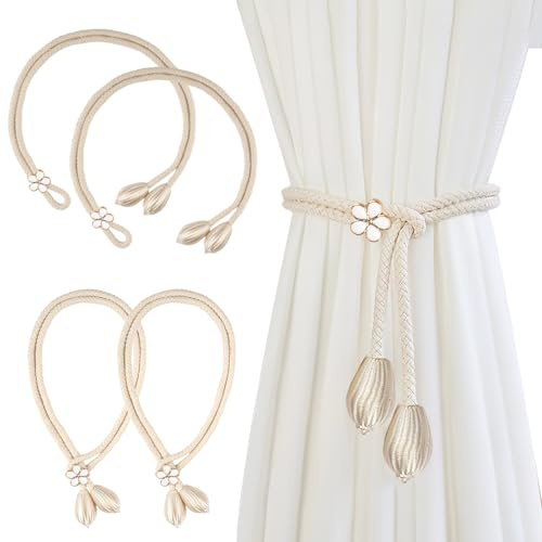 Neerow Blumen Vorhang Raffhalter, 4 Stück Verstellbare Gardinenhalter, Elegante Baumwolle Gardinen Raffhalter, Dekorative Gardinenhalter Perfekt für Zuhause, Büro(50 cm, Off-White)