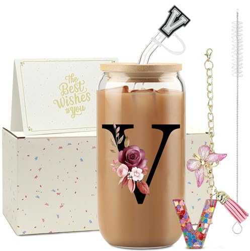 ZIOSINM A-Z Lettera Bicchiere Con Cannuccia, 500ml Tumbler con Coperchio, Regalo Donna Compleanno, Ideale Come Regalo Maestre Fine Anno (V)