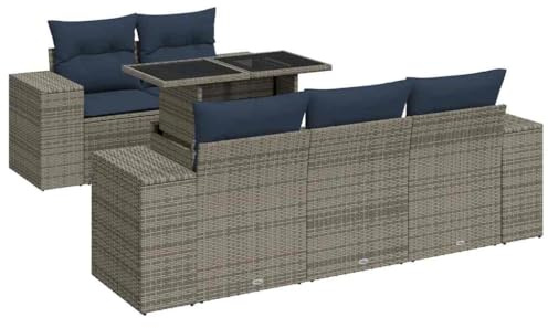 vidaXL 6-Piece Garden Sofa Set with Cushion Grey Poly Rattan Acacia, Outdoor Sofa Set, Garden Sofa Set, Lounge Set, Sofa Set Patio