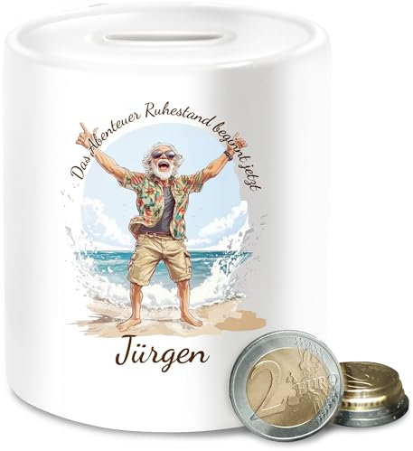 Spardose - Rentner - Das Abenteuer Ruhestand beginnt jetzt mit Name I Ruhestand Geschenk Abschied Kollege Rente Geschenke Pension Mann I Renteneintritt Geschenk Männer - Unisize - Weiß - zum