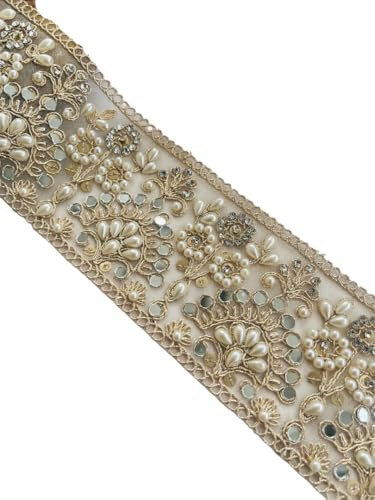 PIYUCRAFTS Zari-Spitzenborte mit Perlen und Spiegelarbeiten, 7,9 cm breit, indische bestickte Bordüre für Sarees, Kleider, Handwerk und Heimdekoration, 3 m, 6 m