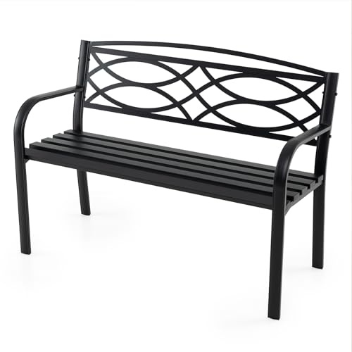 KOMFOTTEU Gartenbank aus Metall, 2-Sitzer Sitzbank mit Armlehnen, ergonomische Rückenlehne und Lattensitz, wetterfeste Metallbank, Terrassenbank für Park, Hof, 116 x 49 x 83 cm, Schwarz