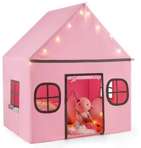 COSTWAY Spielhaus Kinder Indoor, Kinderzelt mit Sternlichter & Gepolsterte Matte, Spielzelt mit Türvorhang & Fenstern, Kinderspielhaus für Jungen & Mädchen ab 3 Jahren (Rosa + Schwarz)