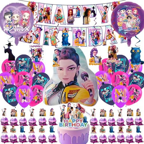 53 Stück Kop Coole Anime-Style Party Geburtstagsdeko Set Enthält Banner, Hängende Charms, Aluminiumfolienballons mit Zeichentrickfiguren, Kuchentopper Latexballons-Coole Partydeko für Kinder und Fans