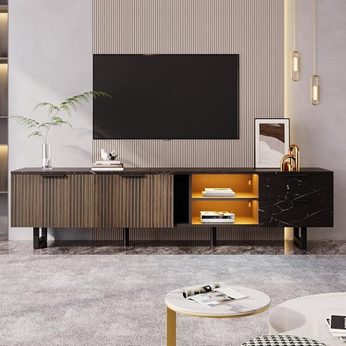 Merax LED TV Stand Cabinet, TV Unit,200x36x50cm,High Legs for Robot Vacuum, Modern TV Table for Living Room,Black Marble Effect,Dark Wood Grain Doors, 2 Doors & 2 Drawers