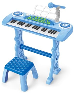 Baroni Toys Clavier électronique avec tabouret pour enfants 3 ans avec microphone, piano musical avec mélodies et sons éducatifs, clavier 37 touches avec chaise bleue