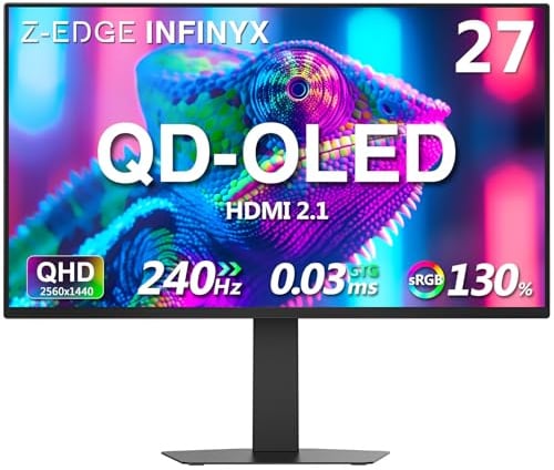 Z-Edge INFINYX Monitor Gaming OLED 27 pollici, 240Hz QHD 2K 2560x1440, 0,03ms GtG, 1,07 miliardi di colori, 99% DCI-P3, Adaptive Sync, HDMI 2.1 e DP 1.4, regolabile in altezza