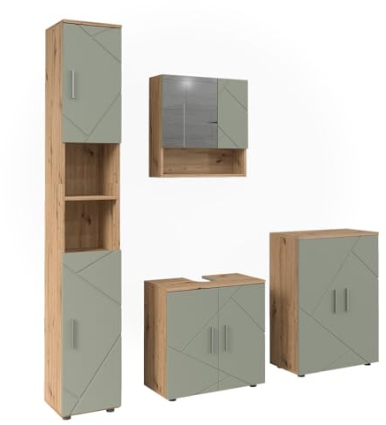 Vicco Badmöbel-Set Irma, Salbeigrün, 60 cm | besteht aus Waschbeckenunterschrank, Spiegelschrank, Hochschrank und Midischrank